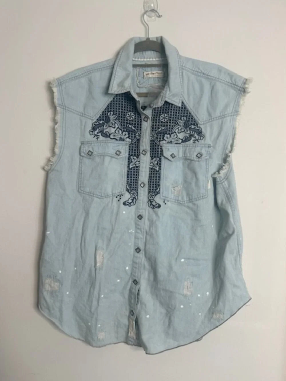 We the Free x Free People Western Wear Cutoff Denim Embroidered Fray Snap Top - Picture 9 of 16